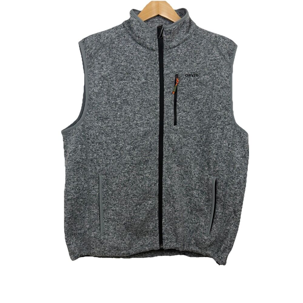 Orvis Fleece Vest Men’s L Full Zip Pockets Heather Gray Outdoor Hiking Polyester